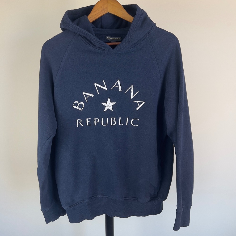 Banana Republic Mens Navy Blue Distressed Arch Logo Graphic Hoodie Large